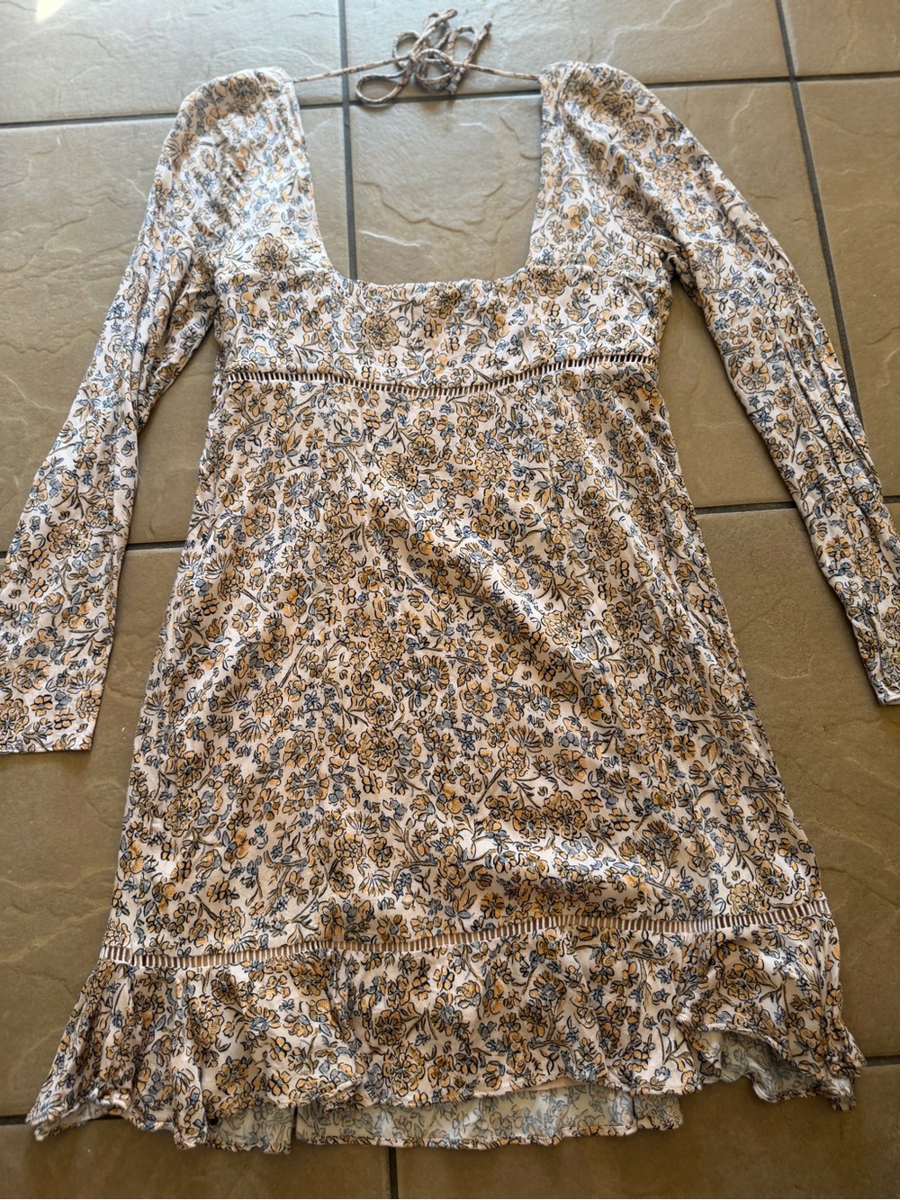 Free People Floral Square-Neck Long Sleeve Dress in Cream and Blue